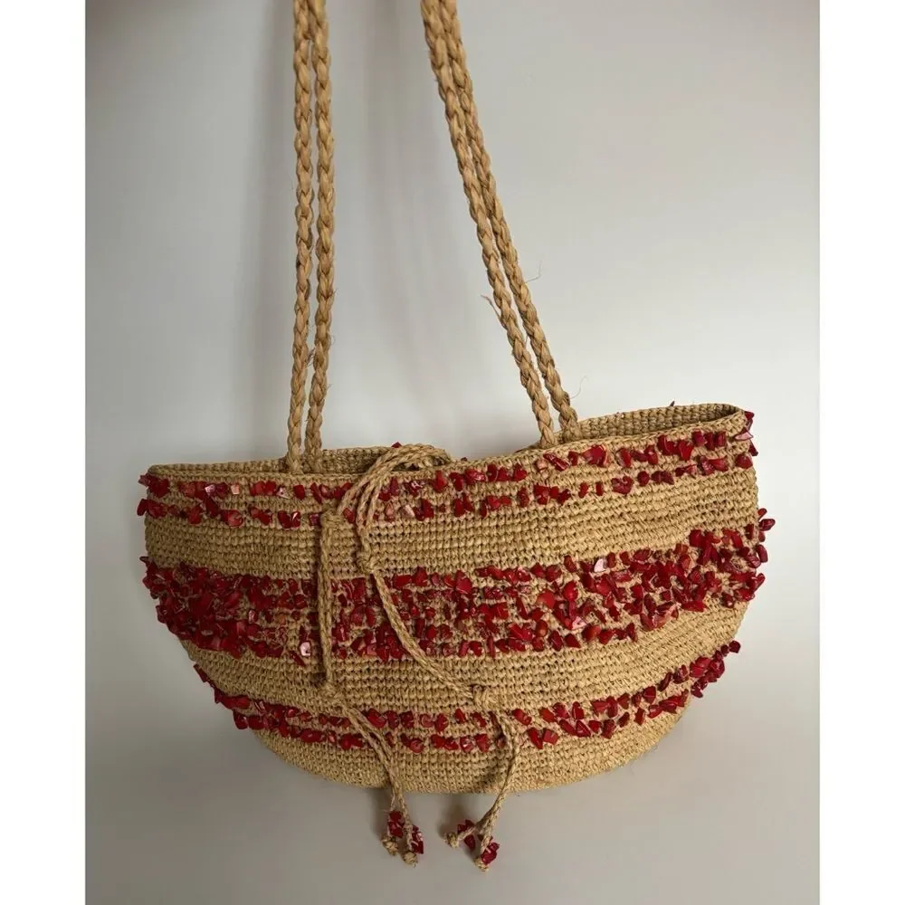 Vintage 80’s J. Crew Straw Hobo Bag with Natural Coral Stones ~ Excellent